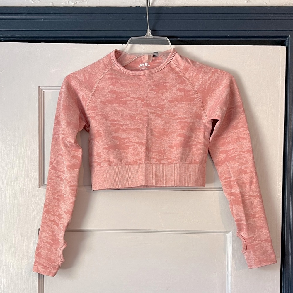 AYBL pink camo seamless long sleeve crop top, size S